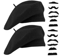IZUS Adult Frenchman Artist Beret-Hat 2pcs with 12pcs-Moustache for Mime-Costume Halloween-Cosplay-Accessories, 2pcs Black, Medium