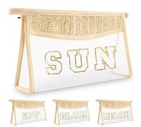 izuzta Boho Clear Makeup Letter Patch Makeup Bag Pouch for Women Girls, Beige, Sun