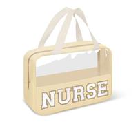 izuzta Chenille Letter Clear Makeup Bags Tote, Preppy Makeup Bag with Handle, NURSE-Beige