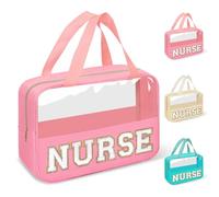 izuzta Chenille Letter Clear Makeup Bags Tote, Preppy Makeup Bag with Handle, NURSE-Pink