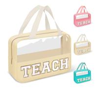 izuzta Chenille Letter Clear Makeup Bags Tote, Preppy Makeup Bag with Handle, TEACH-Beige