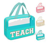 izuzta Chenille Letter Clear Makeup Bags Tote, Preppy Makeup Bag with Handle, TEACH-Green