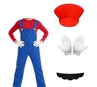 Izzy Super Mario Costume Plumber Brothers Cosplay Costume Fancy Dress Outfit Halloween Carnival Costume White Gloves Unisex Mens Adult Kids Teens, Man Red Large