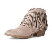 J. Adams Marrow Ankle Boot - Western Fringe Cowboy Low Heel Bootie, Taupe Vegan Suede, 4 UK