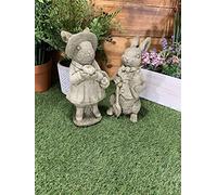 J and L Stone Ornaments Wind in the Willows Pair of Rabbit Ornaments, Stone, Statue, Garden Statue, Gray, Black, Or White