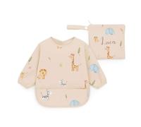 J.Børn BLW Long Sleeve Baby Feeding Bib + Free Personalised Matching Storage Bag for Baby Led Weaning, Waterproof Coverall Weaning Bibs 6-12M (Safari)