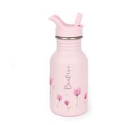 J.Børn Personalised Bottle With Straw For Kids 350ML | Hand-Painted Designs | Single-Skinned, Food-Grade Stainless Steel Water Bottle | Children Flask For School (Lilac Bloom)