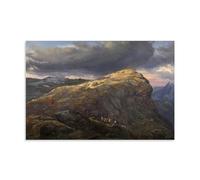 J.C. Dahl Romantic Landscape Print Stugunøset at Filefjell 1851 - Deer on Mountain Cliff with Cloudy Sky Wall Art Decor Home Decor Wall Art Hanging Picture Print Bedroom Decorative Paintings Room Unfr