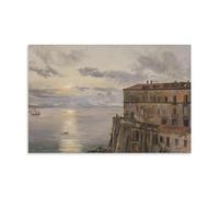 J.C. Dahl The Barracks at Pizzofalcone, Naples 1820 Romanticism Coastal Building Sunset Seaside Wall Art Prints Room Aesthetic Print Art Wall Painting Canvas Modern Bedroom Decor Unframe 16x24inch(40