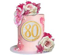 J-CakePink-80 9 PCS Pink Flower Cake Topper Happy 80th Birthday Cake Decorations Set with Artificial Pink Rose Decor for 80th Birthday Anniversary Party Wedding Supplies