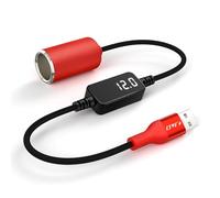 J&D USB A to 12V Cigarette Lighter Adapter Cable, 18W USB A DC 12V Car Socket Converter for Dash Cam, GPS, Driving Recorder, Supports Voltage Display, Durable Red Cord, 0.3 Meter