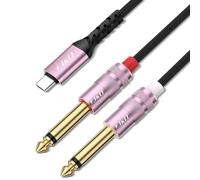 J&D USB C to 1/4 Inch Audio Cable, USB Type C to Dual 6.35 mm TS Aux Cord Y Splitter for Smartphones, Tablets and so on, Compatible with iPhone 15/15 Plus/15 Pro/15 Pro Max, Rose gold, 2.4 m
