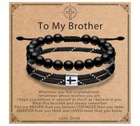 J.Endéar Men's Cross Obsidian Bead Bracelet Set, Handmade Adjustable Rope Bracelets for Baptism, Birthday Christian Religious Gifts Jewelry for Him(7"-9"), adjustable, Brass, no gemstone