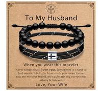 J.Endéar Men's Cross Obsidian Bead Bracelet Set, Handmade Adjustable Rope Bracelets for Baptism, Birthday Christian Religious Gifts Jewelry for Him(7"-9"), adjustable, Brass, no gemstone