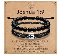 J.Endéar Men's Cross Obsidian Bead Bracelet Set, Handmade Adjustable Rope Bracelets for Baptism, Birthday Christian Religious Gifts Jewelry for Him(7"-9"), adjustable, Brass, no gemstone