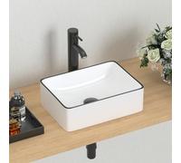 J-FAMILY Modern Bathroom Rectangular Vessel Sink Above Counter Compact Porcelain Ceramic Wash Basin Small Vanity Sink White with Black Trim Wash Hand Basin,370 x 270 x 115mm