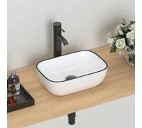 J-FAMILY Modern Bathroom Small Vessel Sink Above Counter Compact Porcelain Ceramic Wash Basin Black Trim Decoration Lavatory Wash Hand Basin,365 x 250 x 115mm