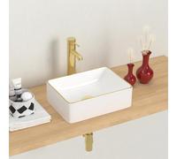 J-FAMILY Modern Bathroom Small Vessel Sink Above Counter Porcelain Ceramic Rectangular Wash Basin Gold Rim Decoration Lavatory Wash Hand Basin,370 x 270 x 115mm