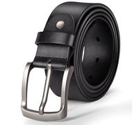 J.Fée 1Pc Mens Belts Leather, Black Leather Belt for Men, 1.38"(35mm) Mens Black Belt with Silver Brushed Buckle, Men Belts for Jeans, Trousers, Work or Casual Wear, 120CM