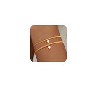 J.Fée 2Pcs 14K Gold Plated Bracelets for Womens, Gold Bracelet with Love Cubic Zirconia Ladies Bracelets Set Adjustable, Womens Jewellery Birthday Gifts for Women Christmas Gifts for Women