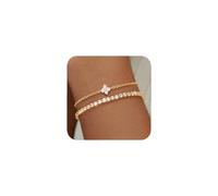 J.Fée 2Pcs Gold Bracelets for Womens 14K Gold Plated Bracelet Set, Four Leaf Clover Bracelet 3MM Tennis Bracelets for Women Adjustable with Cubic Zircon, Womens Jewellery Birthday Gifts for Women