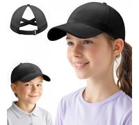 J.Fée Girls Baseball Caps Ponytail Cap, Girls Summer Hat Criss Cross Ponytail Hat Kids Baseball Cap Mesh Breathable Adjustable Quick Drying Summer Hats for Kids, 54CM, Black, 1Pc