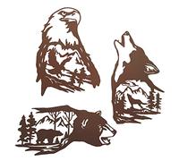 J-Fly Metal Bear & Wolf Eagle Laser Cut Wall Art - Rustic Cabin Decor - 3 Pack for Living Room, Bedroom, Bathroom & Outdoor
