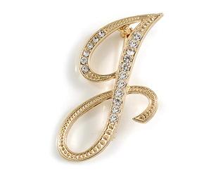 'J' Gold Plated Clear Crystal Letter J Alphabet Initial Brooch Personalised Jewellery Gift - 45mm Tall