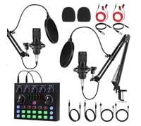 J.I.Y Podcast Equipment Kit for 2, Studio Recording Kit with Dual Condenser Microphone, Bluetooth Sound Card, DSP Effects, Real Time Monitoring, Plug & Play for Streaming, Singing, Gaming