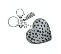 J & J LONDON Diamante Leopard Print Fur Heart Keyring/Bag Charm Bling Glitter Key Buckle Gifts for Women Girl (Light Grey)