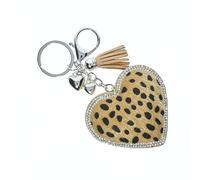 J & J LONDON Diamante Leopard Print Fur Heart Keyring/Bag Charm Bling Glitter Key Buckle Gifts for Women Girl (Light Brown)