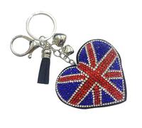 J & J LONDON Heart Keyring/Bag Charm Diamante Bling Glitter Crystal Key Buckle for Women Girl (Union Jack)