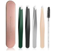 J&J Tweezer Set Tweezers Men, Eyebrow Plucker, Professional Stainless Steel - Slanted & Pointed tweezer for Eyebrows, Splinters, Eyelash Extensions - Precision Grip -4-Pack with Eyebrow Brush