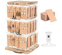 J JACKCUBE DESIGN 3 Tier 360 Rotating White Metal Earring Holder Organizer, Jewelry Display Rack, Vintage Farmhouse Style Stand for Necklaces, Piercings with 48 Hooks and Wood Tray Shelf -MK1073B