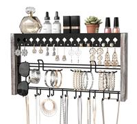 J JACKCUBE DESIGN JackCubeDesign Rustic Wood Wall Mount Jewelry Organizer with Metal Hooks for Necklaces, Ring, Earrings (Rustic White) - MK460B