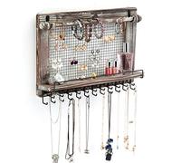 J JACKCUBE DESIGN Rustic Jewellery Organiser for Wall Mesh Earring Holder Bangle Bracelet Necklace Display Board with Hooks Wooden Mount Hanging Shelf - MK527A (Rustic Wood)