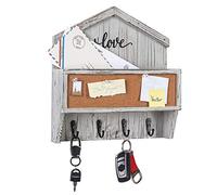 J JACKCUBE DESIGN Wall Mounted Rustic White Wash Mail and Key Holder, Wooden Floating Organiser with Mail Storage, 4 Key Holders and Pin Board for Entryway, Mud Room, Living Room, Office-MK623A