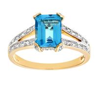 (J) Jewelco London 9ct Gold 13pts Diamond Emerald Cut 2.04ct Blue Topaz Art Deco Split Shoulder Solitaire Ring - PR0AXL6767YBT
