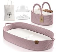 J&Joo Portable Baby Changing Mat with Basket & Diaper Caddy - Waterprooof, Breathable Covers, Diaper Pad, Changing Table Topper, Organic Cotton (Lily)