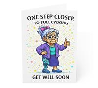 J&J'S TOYSCAPE Hip Replacement Card, Get Well Soon Encouragement Card for Hip Surgery Recovery, Funny Healing Greeting, 5x7 Inch, Blank Inside (Cyborg Grandma)