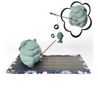 J.K.Leo Exquisite Sandstone Warrior Cat Incense Holder (2.16”*2.36”) with Free Fishing Rod and Fish, Plus Bamboo Mat Cushion (7.28”*3.34”) (Sandstone Cat)