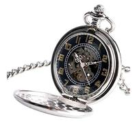 J-Love Pocket Watch Self Winding Automatic Mechanical Skeleton Pocket Watch Vintage Silver Shield Design Black Skeleton With 30cm Chain