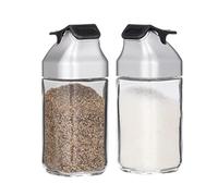 J&M DESIGN Glass Salt and Pepper Shakers Set with Moisture Free Plastic Flip Lid for Kitchen Countertop or Travel Spice Seasoning Use - Set Of 2 Refillable Bottle Dispenser Container Shaker