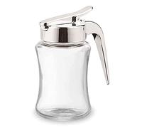 J&M Design Glass Syrup Dispenser Bottle for Maple Syrup, Honey Pot or Sugar Jar W/Handle Shaker For Pancakes, Coffee, Cereal Bowl, Tea Pour Spout Lid Easy Spoon Measure 7.5oz Container Holder