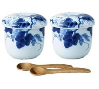 j-pure hitomi Japanese Ceramic Chawan-mushi Cups with Lid and Spoon 3.39 x H3.15 Inches, 7.2 fl. Ounces, Mino Ware, Indigo Grapes pattern, Set of 2 from Japan TR20607