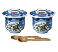 j-pure hitomi Japanese Ceramic Chawan-mushi Cups with Lid and Spoon D3.7 x H3.74 Inches, 7.1 Fl. Oz. Mino Ware Somenishiki Koimari, Set of 2 M6591 from Japan
