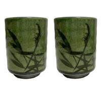 j-pure hitomi Japanese Traditional Ceramic Yunomi Tea cup Set, H4.0 x3.11 Inches in diameter, 10.8 Fluid Ounces, Mino Ware, Reed Motif Design Mashiko for Hot Green Tea, Set of 2 from Japan (Green)