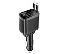 J & R 65W Car Charger, Dual Type-C USB Fast Charging, LCD Display, Adjustable Angle, 5-in-1 including 2 Retractable Cables