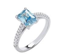 J R Jewellery Sterling Silver Blue Topaz Solitaire Ring, Rectangular Cut, Engagement, Wedding, Anniversary, British Made (M)