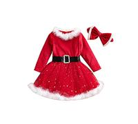 J-Red Toddler Baby Girl Christmas Dress Santa Claus Romper Red Velvet Long Sleeve Princess Tulle Dress with Headband (12-18 Months)